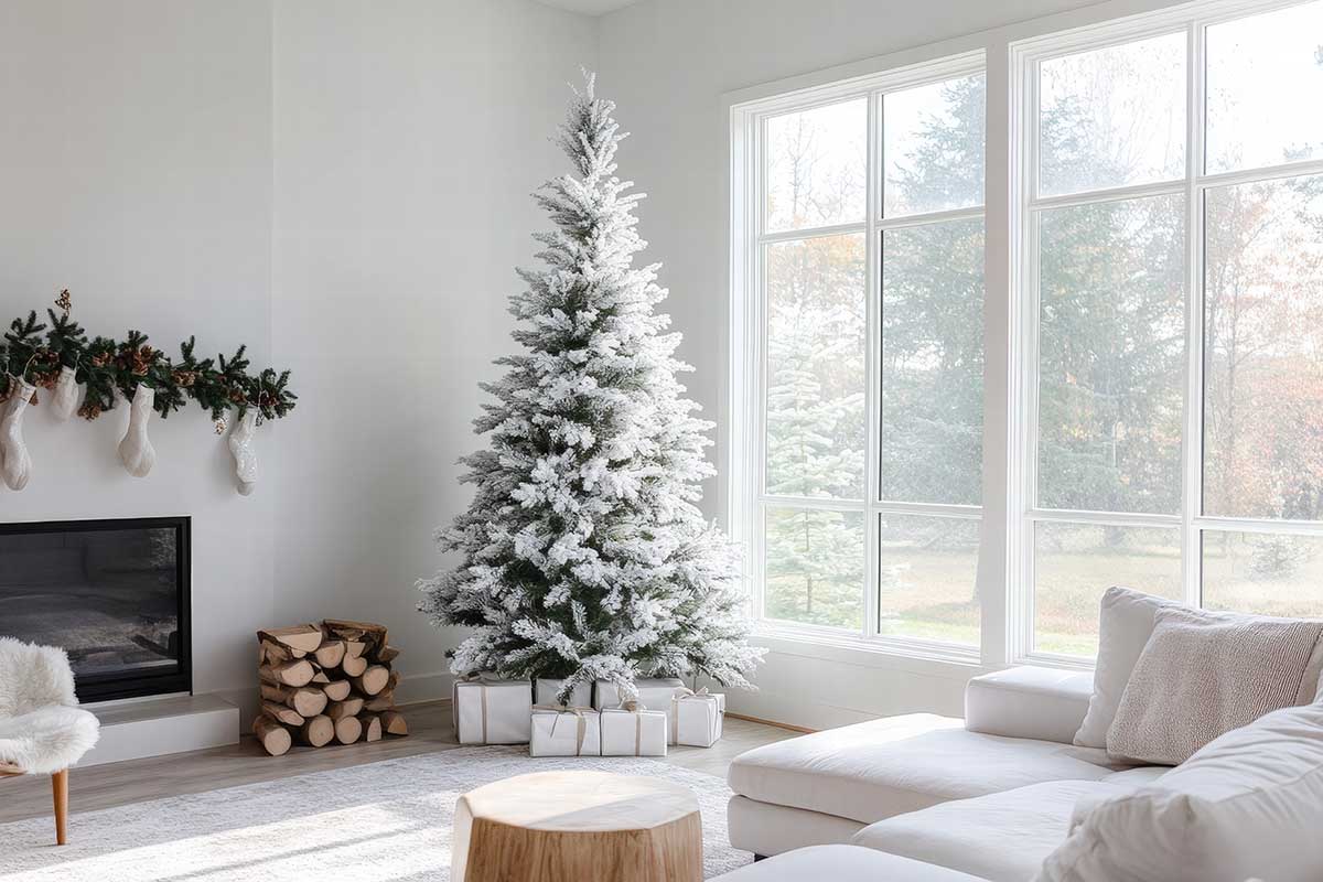 Albero effetto innevato in salotto, stile minimal