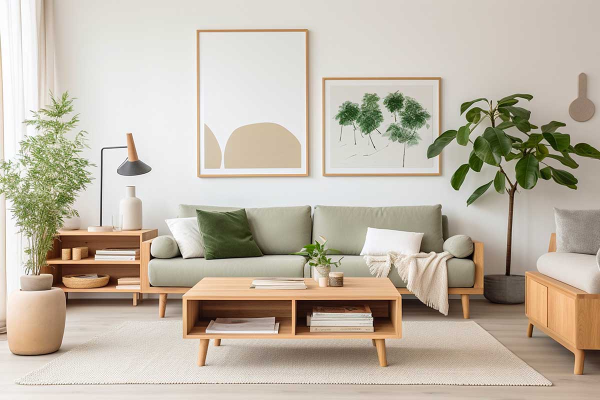 Soggiorno contemporaneo con divano color salvia e tavolino in legno chiaro